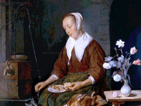 Woman Eating and Feeding her Cat by Gabriel Metsu - Hand-Painted Oil Painting on Canvas Cheap