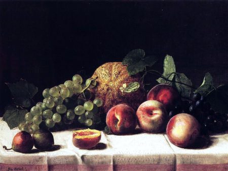 Still Life with Cantaloupe, Peaches and Grapes by George Hetzel - Hand-Painted Oil Painting on Canvas For Cheap