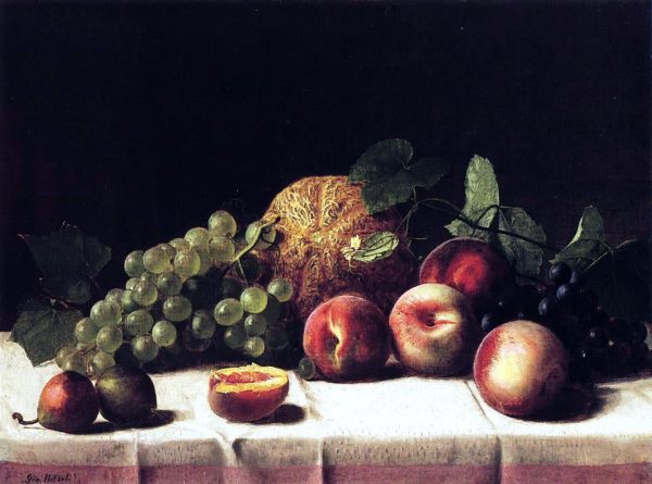 Still Life with Cantaloupe, Peaches and Grapes by George Hetzel - Hand-Painted Oil Painting on Canvas For Cheap