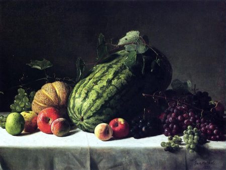 Still Life with Watermelon, Cantaloupe and Grapes by George Hetzel - Hand-Painted Oil Painting on Canvas Online