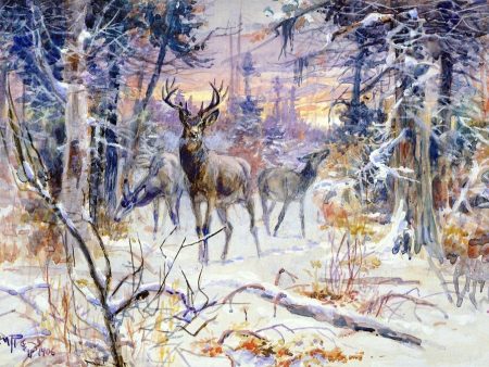 A Deer in a Snowy Forest by Charles Marion Russell - Hand-Painted Oil Painting on Canvas Online now